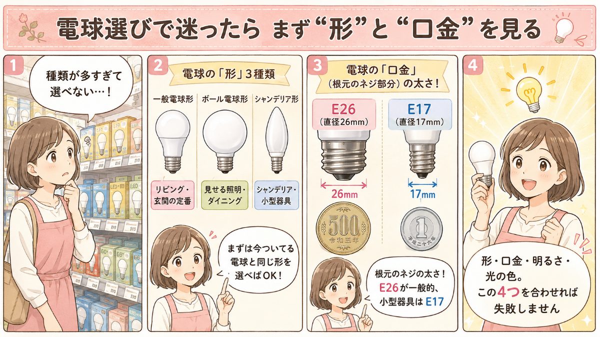 電球の形3種類と口金E26・E17を硬貨と比べた漫画解説