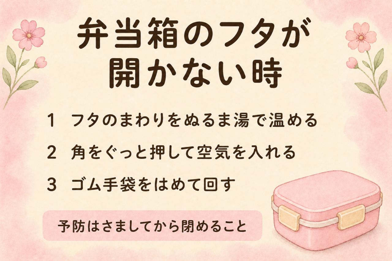 弁当箱のフタが開かない時のカード:フタのまわりをぬるま湯で温める、角をぐっと押して空気を入れる、ゴム手袋をはめて回す。予防はさましてから閉める