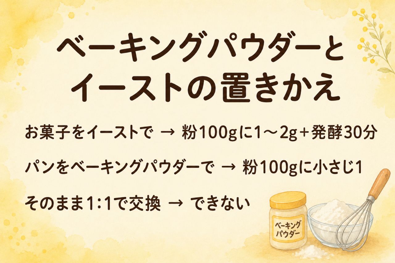 ベーキングパウダーとドライイーストの置き換え早見カード：お菓子をイーストで作るなら粉100gに1〜2gと発酵30分、パンをベーキングパウダーで作るなら粉100gに小さじ1、そのまま1対1の交換はできない