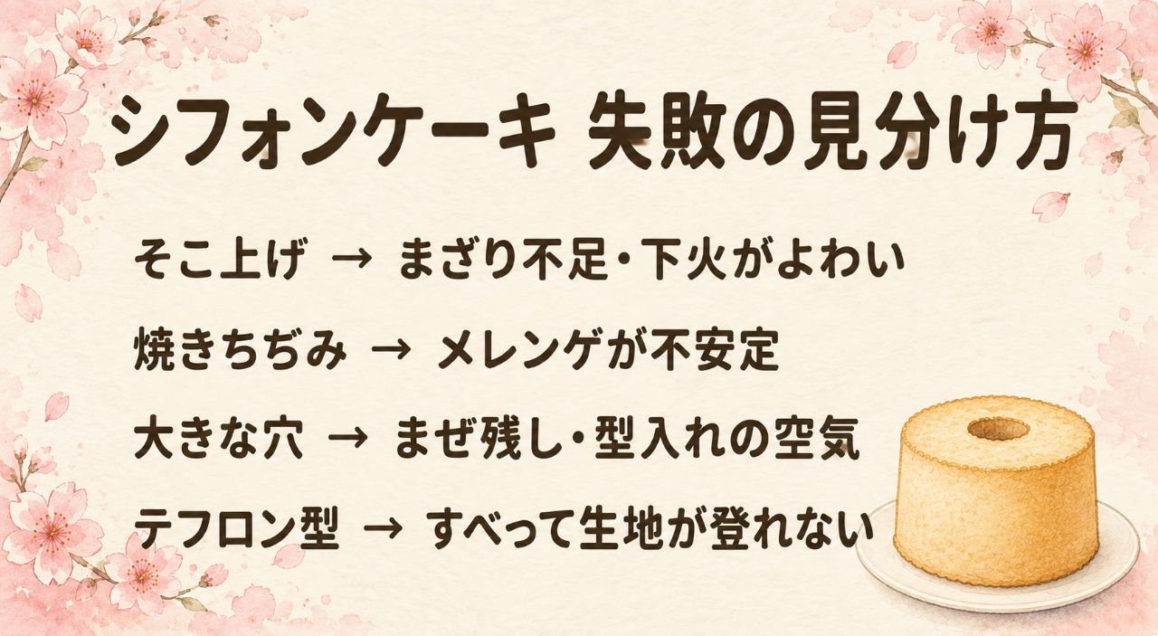 シフォンケーキ失敗の原因逆引きカード:底上げは乳化不足と水分過多と下火の弱さ、焼き縮みはメレンゲ不安定と焼き不足、大きな穴は混ぜ残しと型入れの空気、目詰まりはメレンゲの潰しすぎ、生焼けは食べずに焼き直す