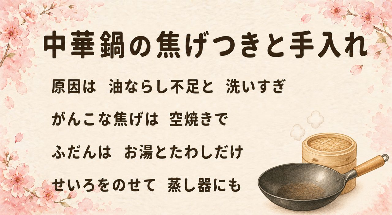 鉄の中華鍋のお手入れカード:焦げ付く原因は油ならし不足・温度不足・洗剤の使いすぎ・冷たい食材、日常の手入れはお湯とたわしで洗って水気を飛ばし薄く油、頑固な焦げは空焼きで炭にして剥がす