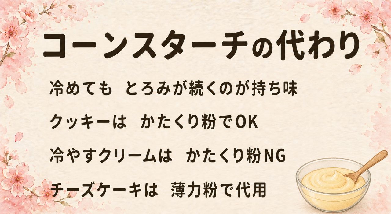 コーンスターチがない時のおきかえカード:クッキーは片栗粉でそのまま代用OK、冷やすカスタードは薄力粉で補う、チーズケーキは薄力粉か片栗粉を同量で、とろみ付けは熱々なら片栗粉・冷めても保つならコーンスターチ
