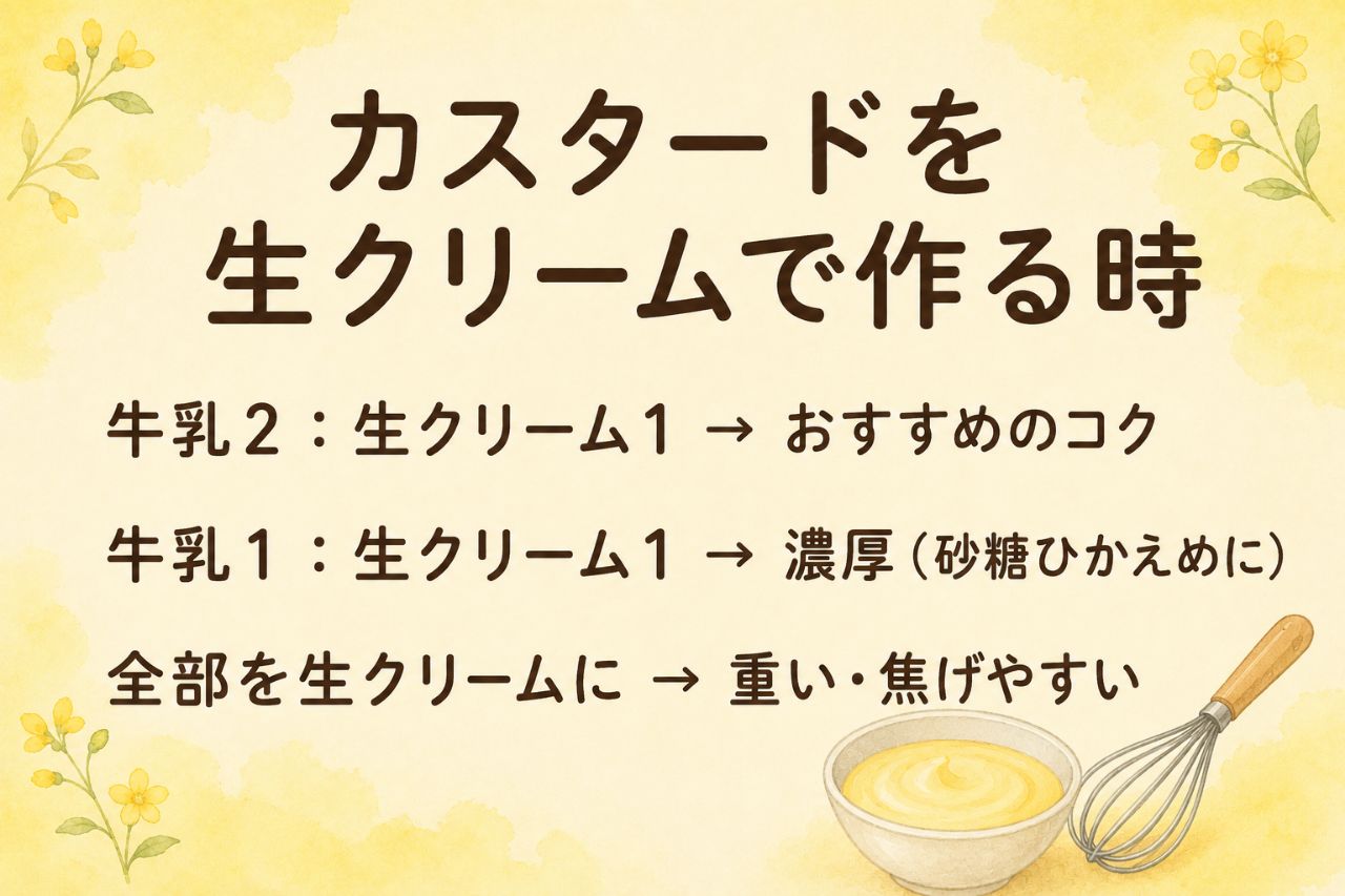 カスタードの牛乳を生クリームに置き換える早見カード:牛乳2対生クリーム1がおすすめ、1対1は砂糖ひかえめ、全量は重くて焦げやすい