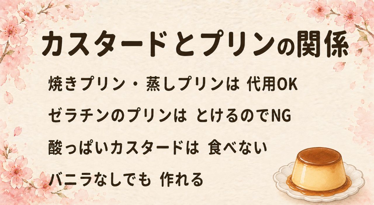 カスタードクリームとプリンの代用早見表:焼きプリンは崩してクリーム代わりOK、ゼラチンプリンは加熱で溶けるのでNG、酸っぱい・糸引き・変色は食べない、バニラエッセンスはオイルやラム酒で代用可
