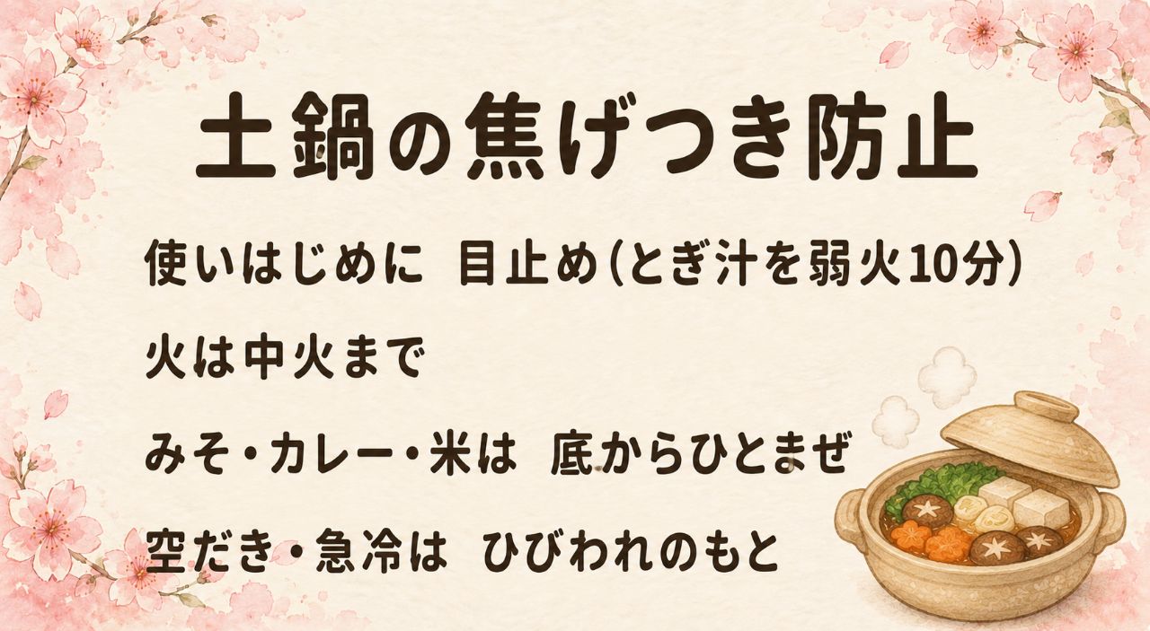 土鍋の焦げ付き防止カード:目止めはとぎ汁かおかゆを弱火で10分、火は中火まで、沈むものを入れたら底からひと混ぜ、空焚きと急冷はひび割れの原因
