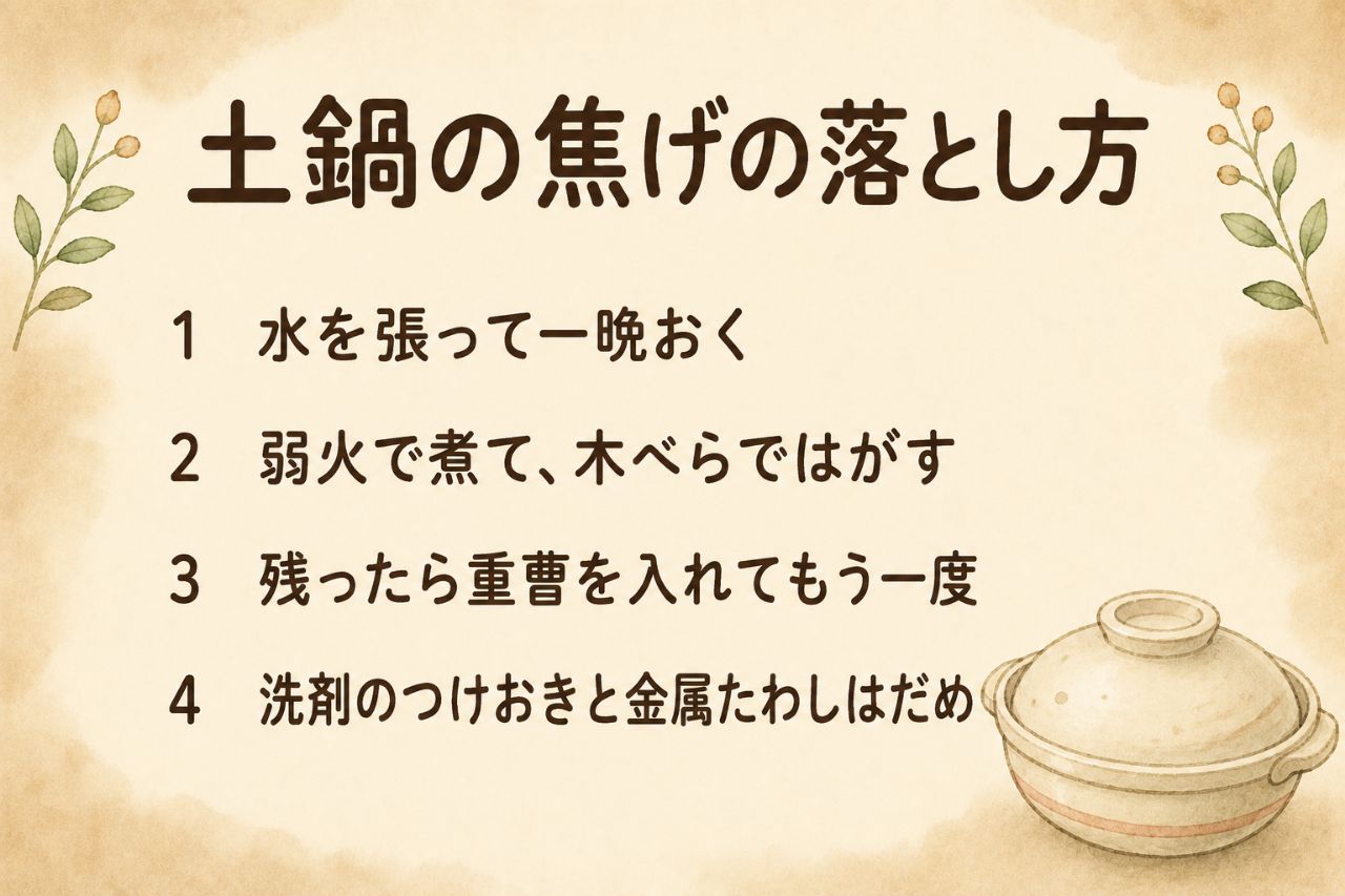 土鍋の焦げの落とし方カード:水を張って一晩おき、弱火で煮て木べらではがす、残ったら重曹でもう一度。洗剤のつけおきと金属たわしはだめ