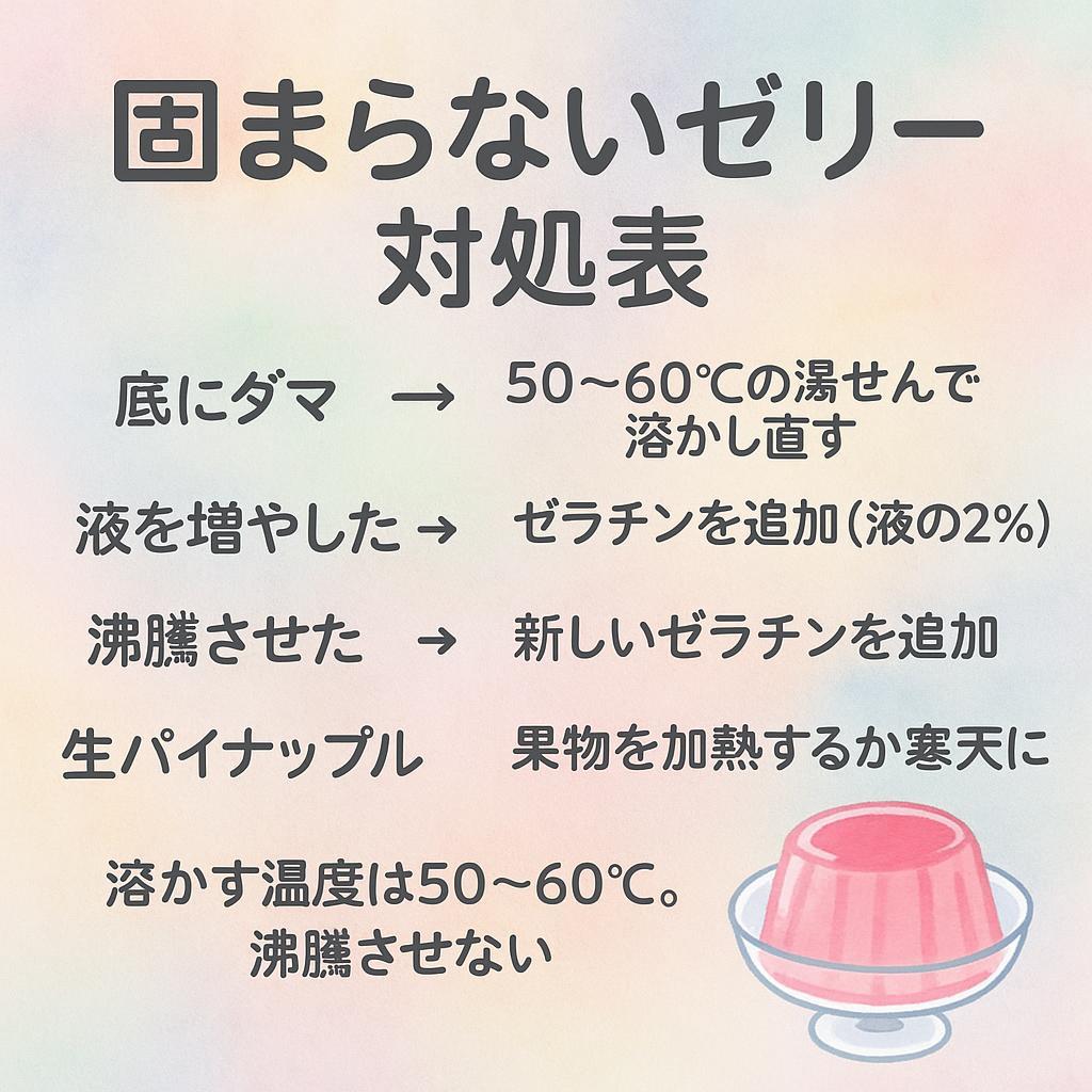 固まらないゼリーの対処表カード:ダマ・濃度不足・沸騰・酵素