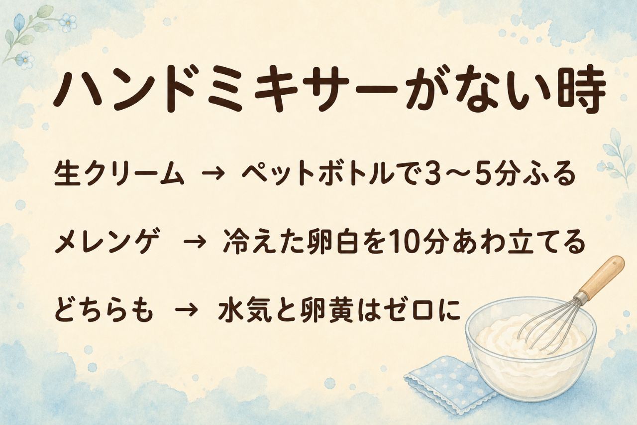 ハンドミキサー代用の早見カード:生クリームはペットボトル3〜5分か氷水+泡立て器、メレンゲは手動10分超で冷えた卵白・水気ゼロ・卵黄ゼロが条件