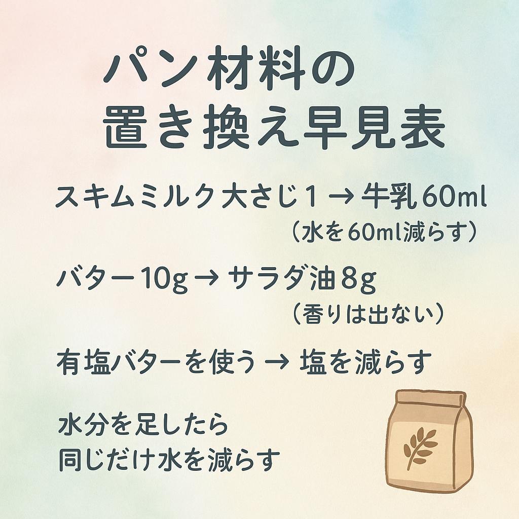 パン材料の置き換え早見表カード:スキムミルク・バター・有塩バター