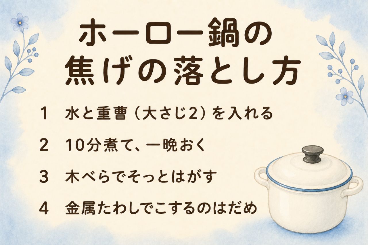 ホーロー鍋の焦げの落とし方カード:水と重曹大さじ2を入れ、10分煮て一晩おき、木べらでそっとはがす。金属たわしでこするのはだめ