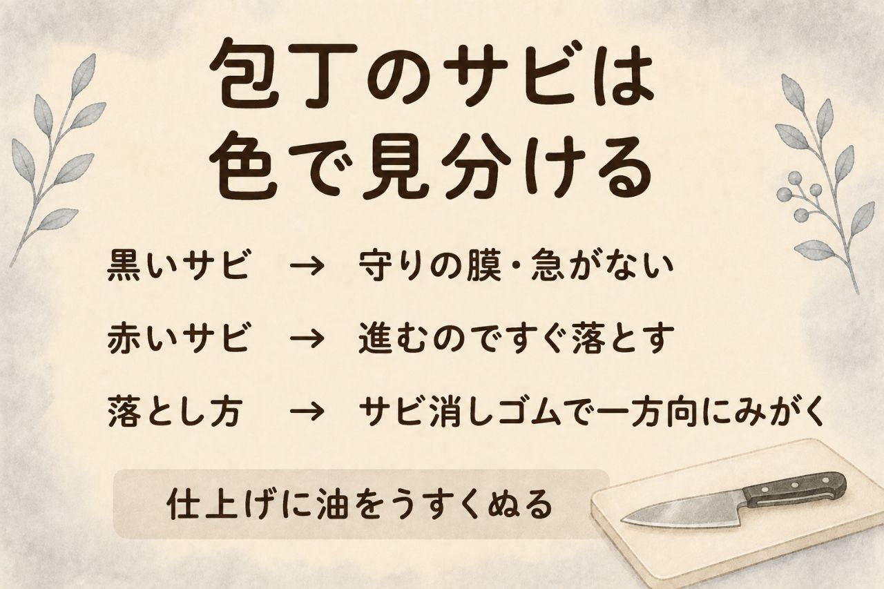 包丁のサビを色で見分けるカード:黒いサビは守りの膜で急がない、赤いサビは進むのですぐ落とす、サビ消しゴムで一方向にみがき仕上げに油をうすくぬる