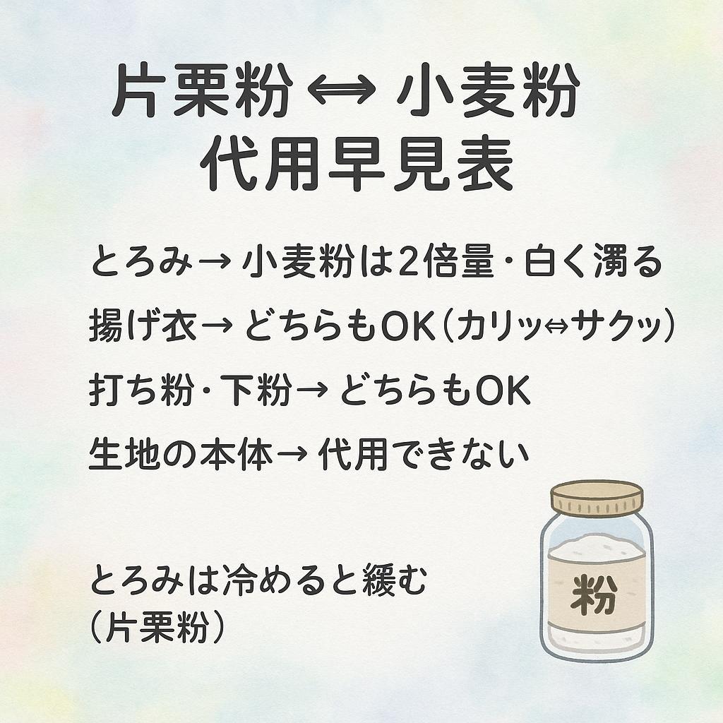 片栗粉と小麦粉の代用早見表：とろみ・衣・打ち粉・生地の可否