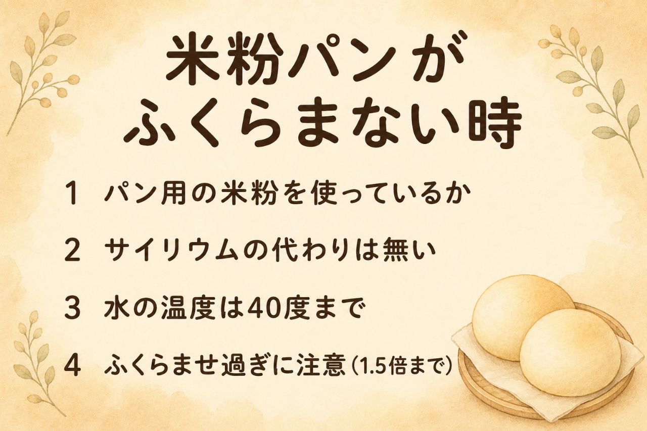 米粉パンがふくらまない時のチェックカード:パン用の米粉を使う・サイリウムの代わりは無い・水の温度は40度まで・ふくらませ過ぎに注意1.5倍まで