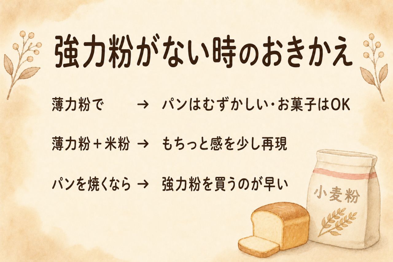 強力粉がない時のおきかえカード:薄力粉でパンはむずかしいがお菓子やピザはOK、薄力粉+米粉でもちっと感を少し再現、パンを焼くなら強力粉を買うのが早い