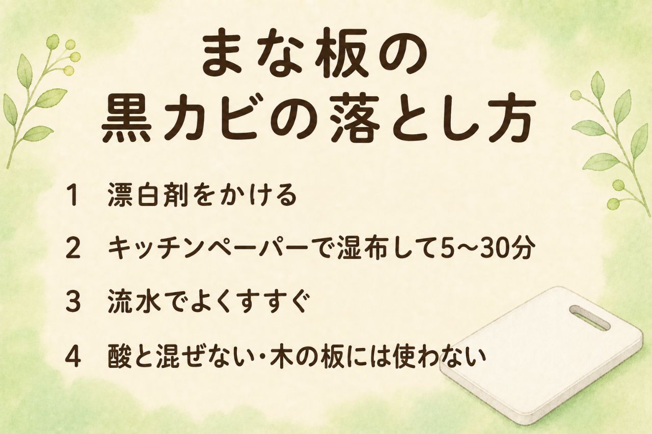 まな板の黒カビの落とし方カード:漂白剤をかけてキッチンペーパーで湿布し5〜30分、流水でよくすすぐ。酸と混ぜない・木の板には使わない