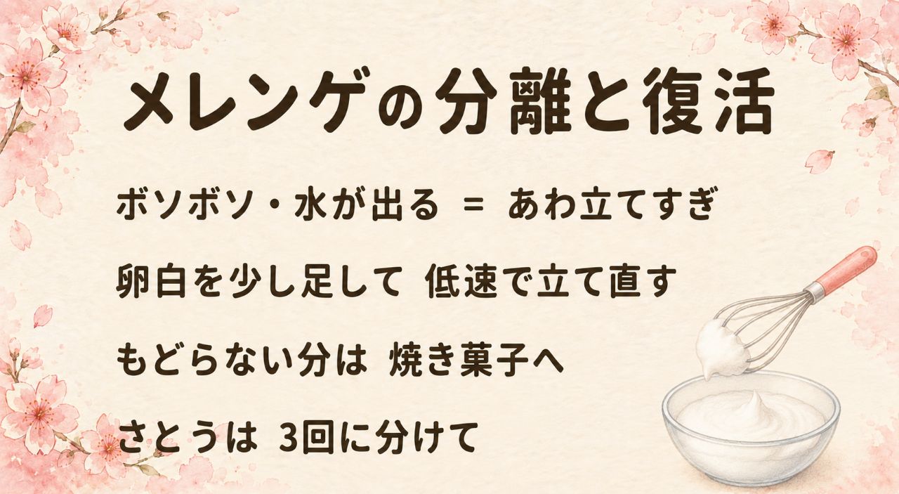 メレンゲ分離の立て直しカード:ボソボソ・水が出るのは泡立てすぎ、卵白を少し足して低速で立て直す、だめなら焼き菓子へ転用、予防は砂糖を分けて入れて仕上げ低速