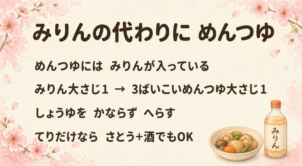 みりんがない時のめんつゆ置き換えカード:めんつゆの中身はしょうゆ・みりん・だし・甘み、3倍濃縮なら大さじ1で置き換えてしょうゆを減らす、色を活かす料理とお菓子には不向き