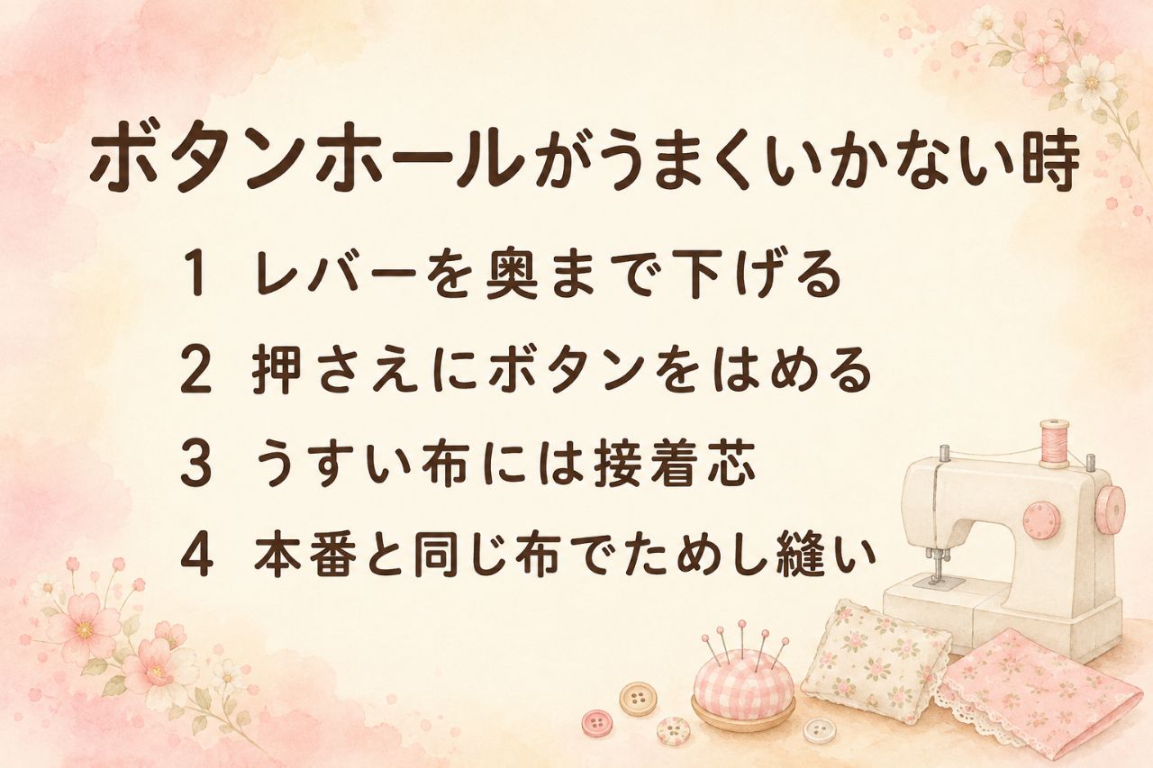ボタンホールがうまくいかない時のチェックカード：レバーを奥まで下げる・押さえにボタンをはめる・うすい布には接着芯・本番と同じ布でためし縫い