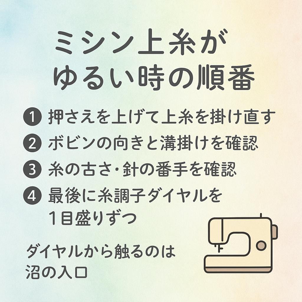 ミシンの上糸がゆるい時に見る順番カード:掛け直し→ボビン→糸と針→ダイヤル