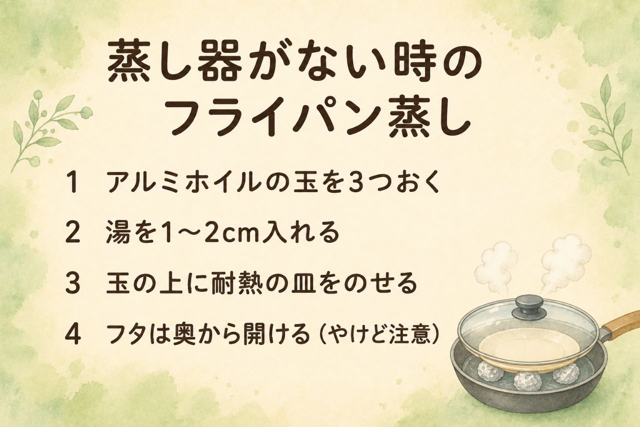 蒸し器代用の早見カード:アルミホイル玉3つと耐熱皿と湯1〜2cmで台を作る。肉まん中火10分・茶碗蒸し弱火12〜15分・フタは奥から開ける