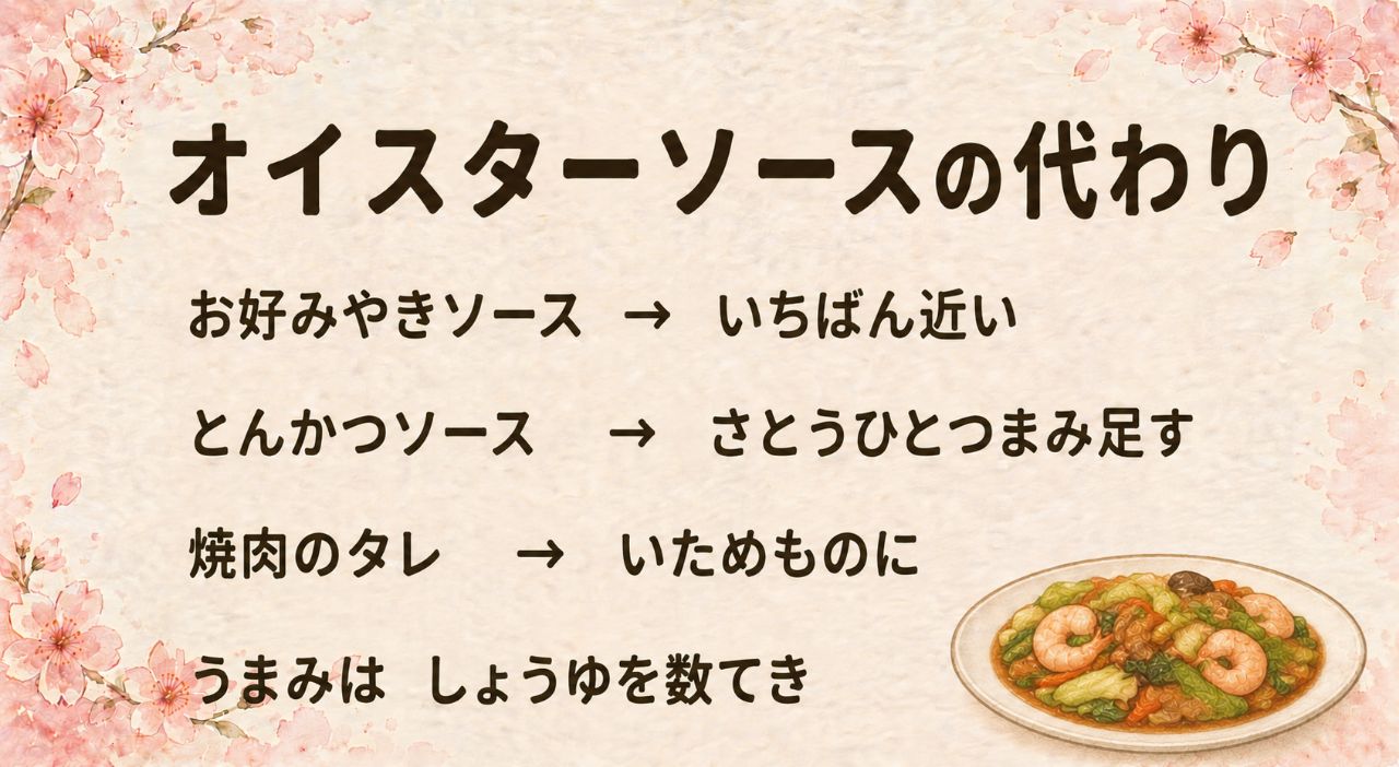 オイスターソースがない時のおきかえカード:お好み焼きソース+しょうゆ数滴が一番近い、とんかつソースは砂糖ひとつまみで酸味を丸める、焼肉のタレはにんにくの香りが合う炒め物向き、うまみはしょうゆ・だし・魚醤で足す
