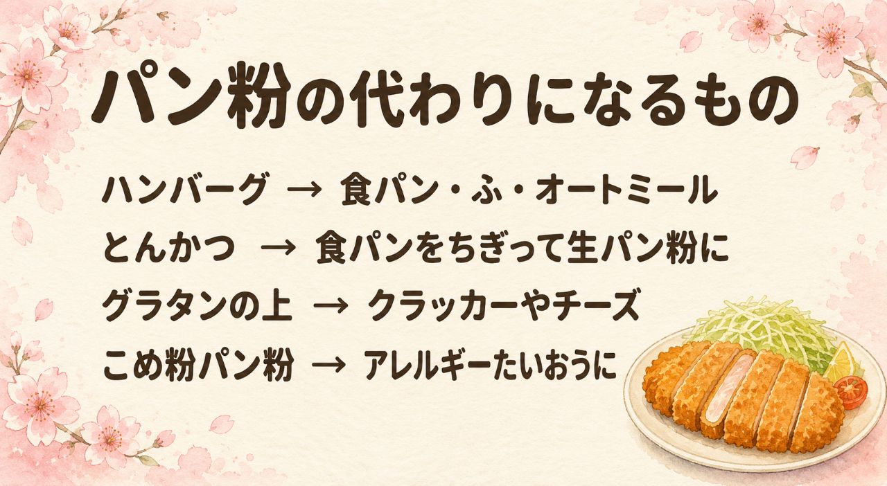パン粉がない時のおきかえカード:ハンバーグのつなぎは食パン・麩・オートミール、とんかつの衣は食パンをちぎって生パン粉に、米粉は唐揚げ風のカリッと衣、小麦アレルギーは米粉パン粉を