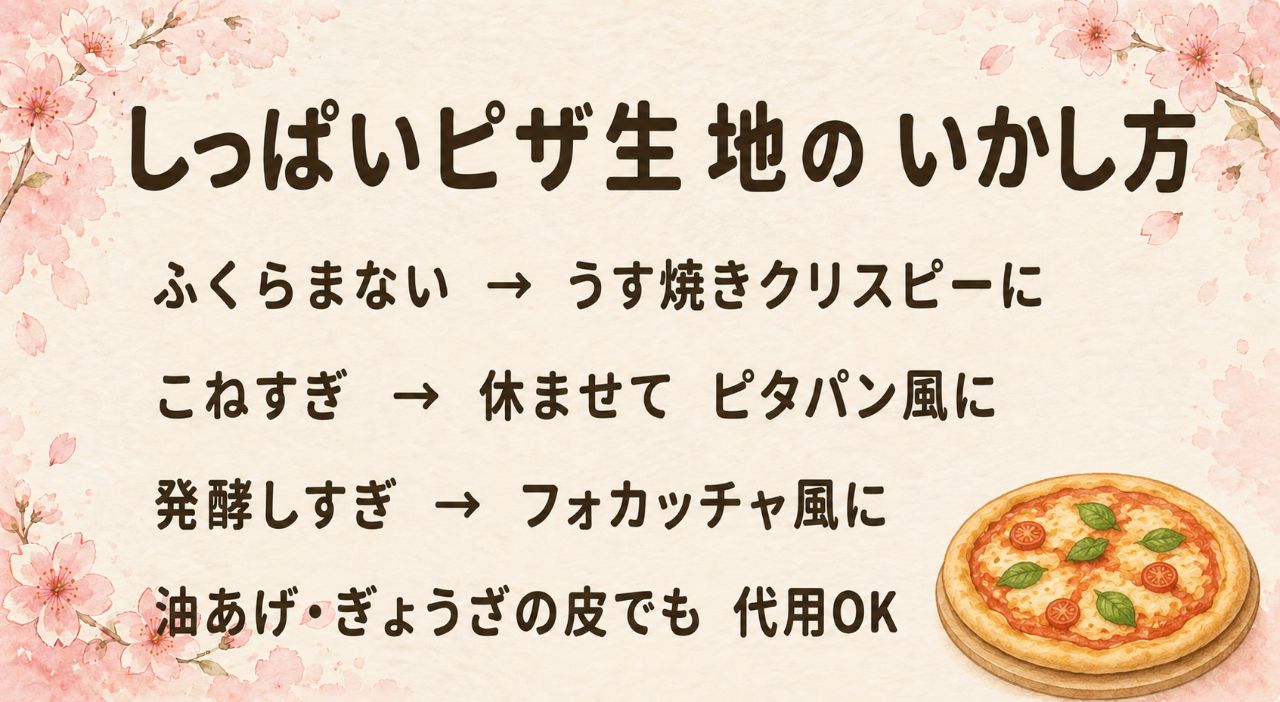ピザ生地の失敗別・再利用カード:膨らまない生地は薄焼きクリスピーに、こねすぎて固い生地は休ませてピタパン風や揚げピザに、発酵しすぎた生地はフォカッチャ風に、余った生地はグリッシーニに