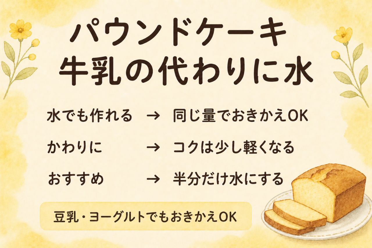 パウンドケーキの牛乳を水で代用する早見カード:同じ量でおきかえOK、コクは少し軽くなる、おすすめは半分だけ水。豆乳やヨーグルトでも置き換えできる