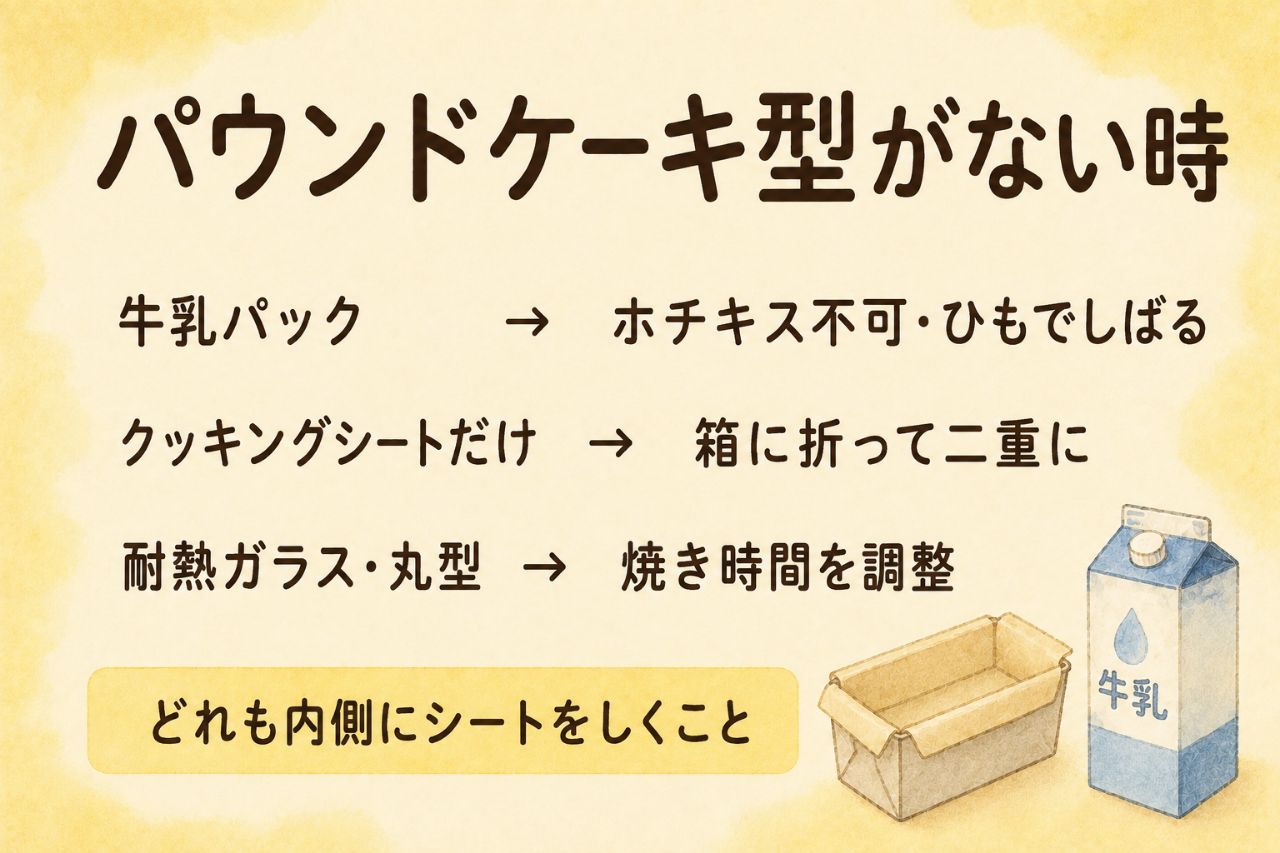 パウンドケーキ型がない時のカード:牛乳パックはホチキス不可でひもでしばる、クッキングシートは箱に折って二重に、耐熱ガラスや丸型は焼き時間を調整、どれも内側にシートをしく