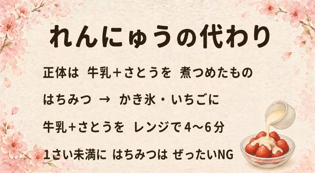 練乳がない時のおきかえカード:練乳の正体は牛乳と砂糖、はちみつはかき氷といちご向きで1歳未満はNG、牛乳と砂糖はレンジ600Wで4〜6分、スキムミルクと砂糖は火を使わない即席ワザ