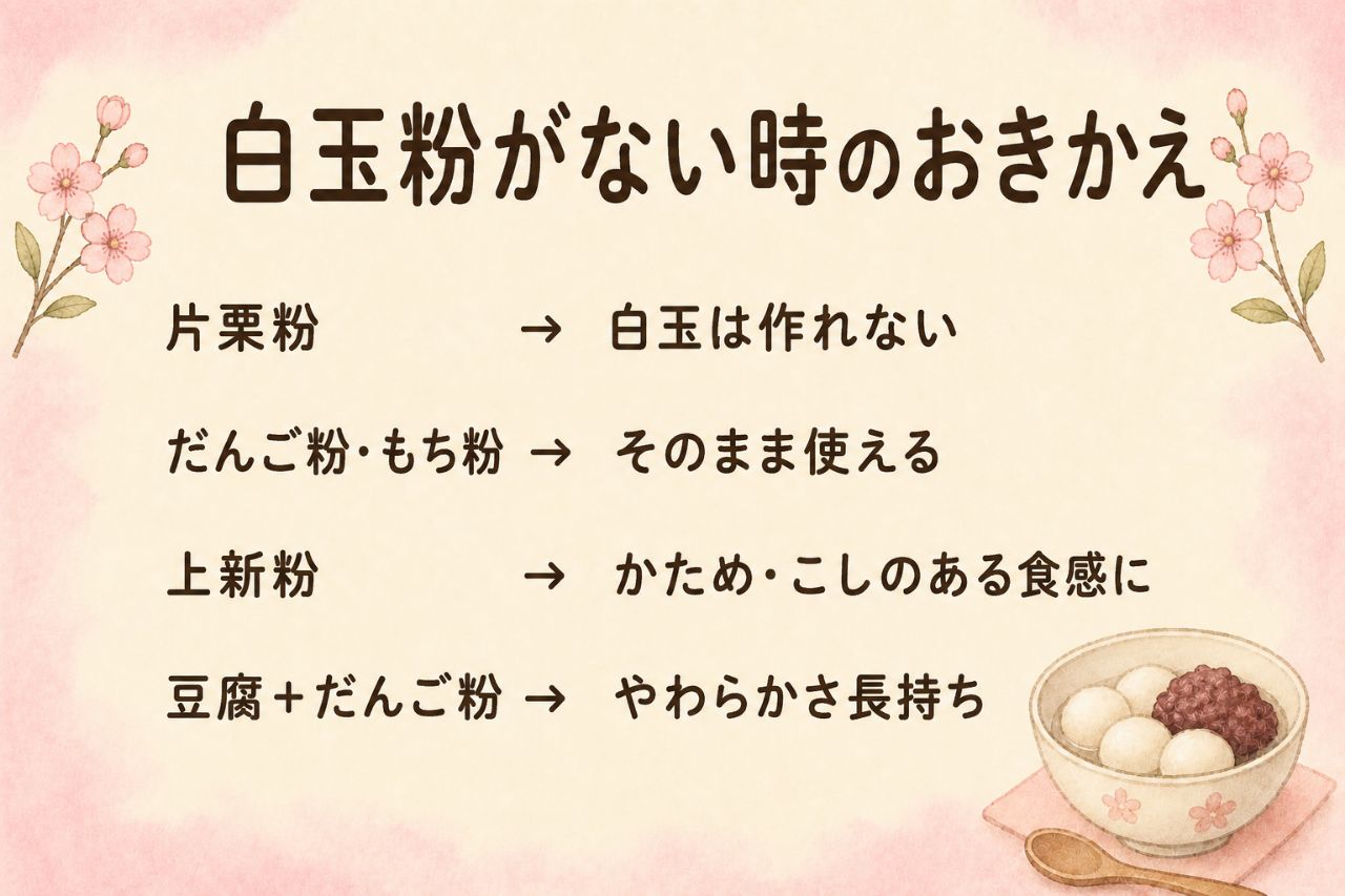 白玉粉がない時のおきかえカード:片栗粉では白玉は作れない、だんご粉ともち粉はそのまま使える、上新粉はかため食感、豆腐+だんご粉はやわらかさ長持ち