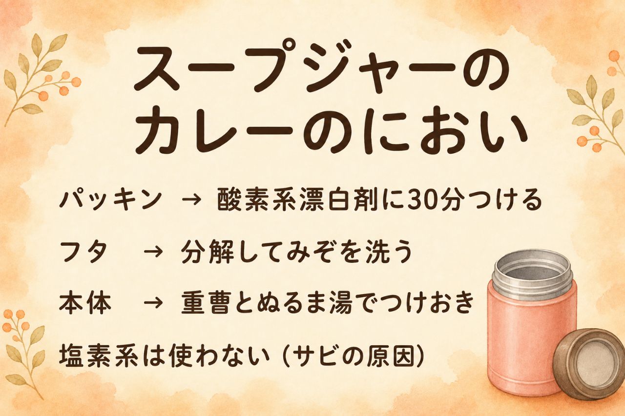 スープジャーのカレー臭対策カード:パッキンは酸素系漂白剤につけ置き、フタは分解して溝洗い、本体は重曹、塩素系は使わない