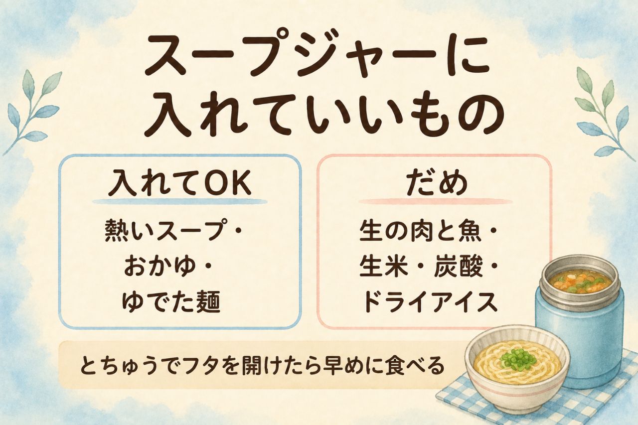 スープジャーに入れていいもの・だめなものの早見カード:熱いスープ・おかゆ・ゆでた麺はOK、生の肉と魚・生米・炭酸・ドライアイスはだめ