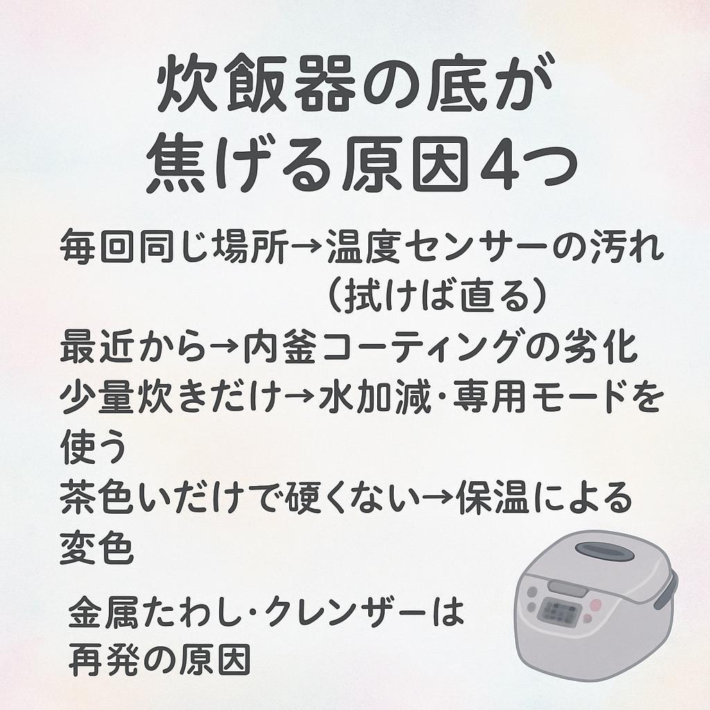 炊飯器の底が焦げる原因4つのカード:センサー・コーティング・水加減・保温変色