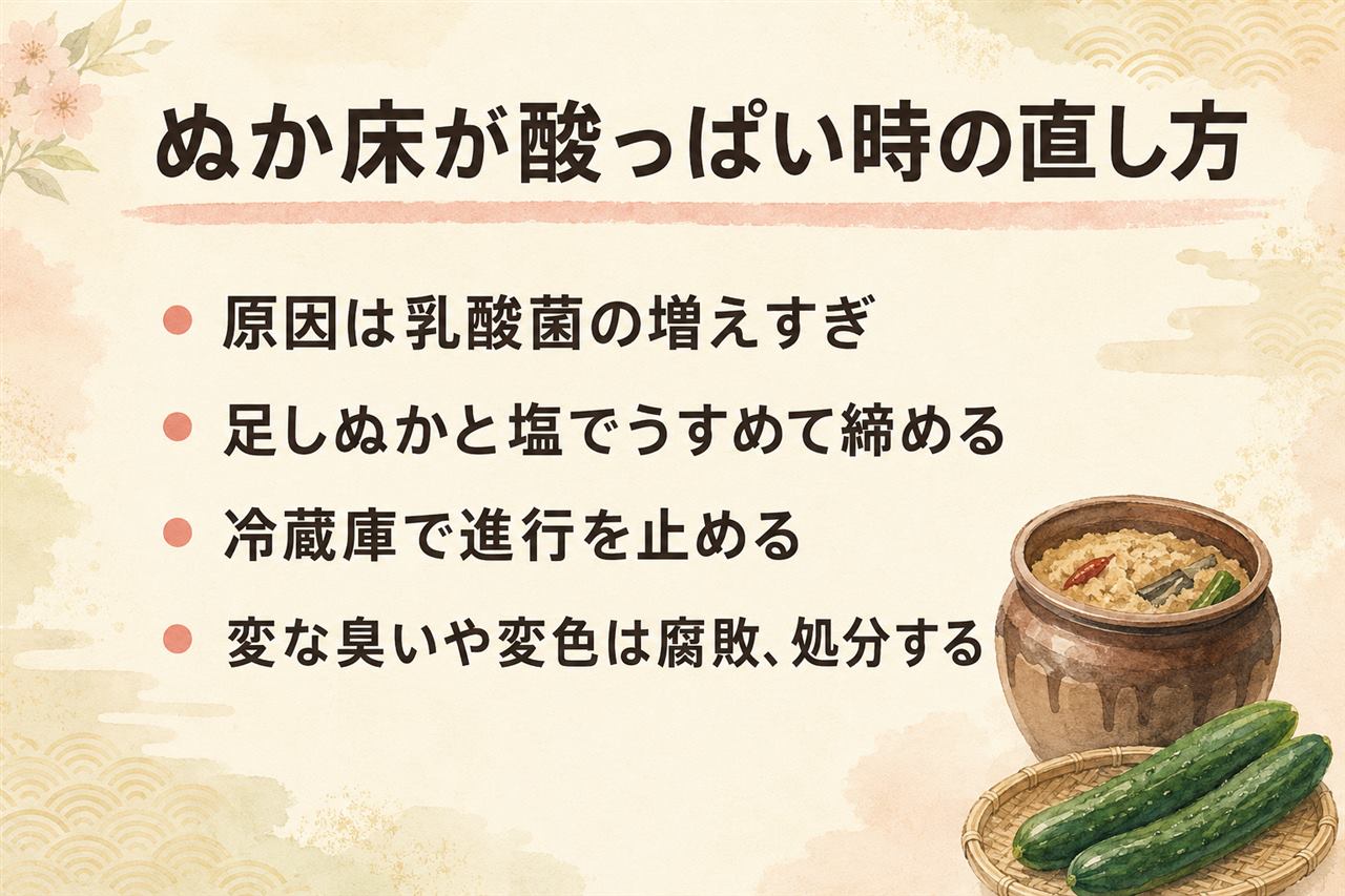 ぬか床が酸っぱい時の対処カード:原因は乳酸菌の増えすぎ、足しぬかと塩で薄めて締める、冷蔵庫で進行を止める、重曹と卵の殻は最後の手段、アンモニア臭や変色は腐敗なので処分