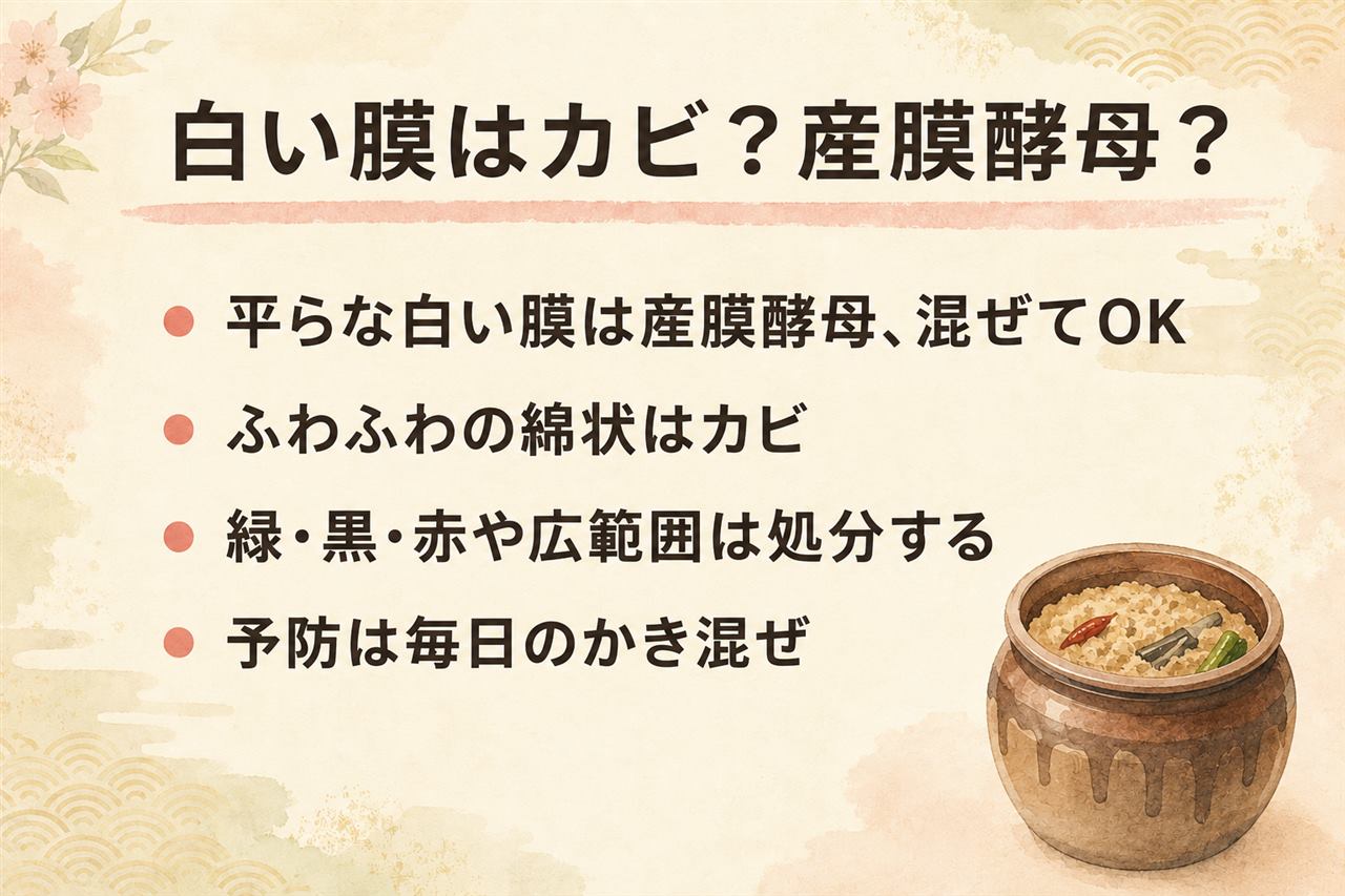 ぬか床の白いものの見分けカード:平らな白い膜は産膜酵母で混ぜ込みOK、ふわふわの綿状はカビ、緑・黒・赤の色つきや広範囲はぬか床ごと処分、予防はかき混ぜと容器の壁の拭き取り