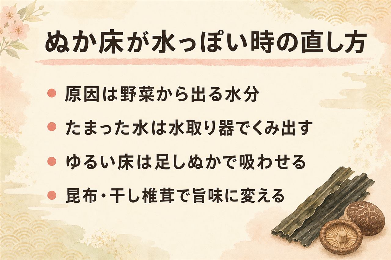 ぬか床が水っぽい時の対処カード:原因は野菜の浸透圧、毎日の水は水取り器でくみ出す、ゆるい床は足しぬかで吸う、昆布と干し椎茸は水を旨味に変える、固さの目安は味噌
