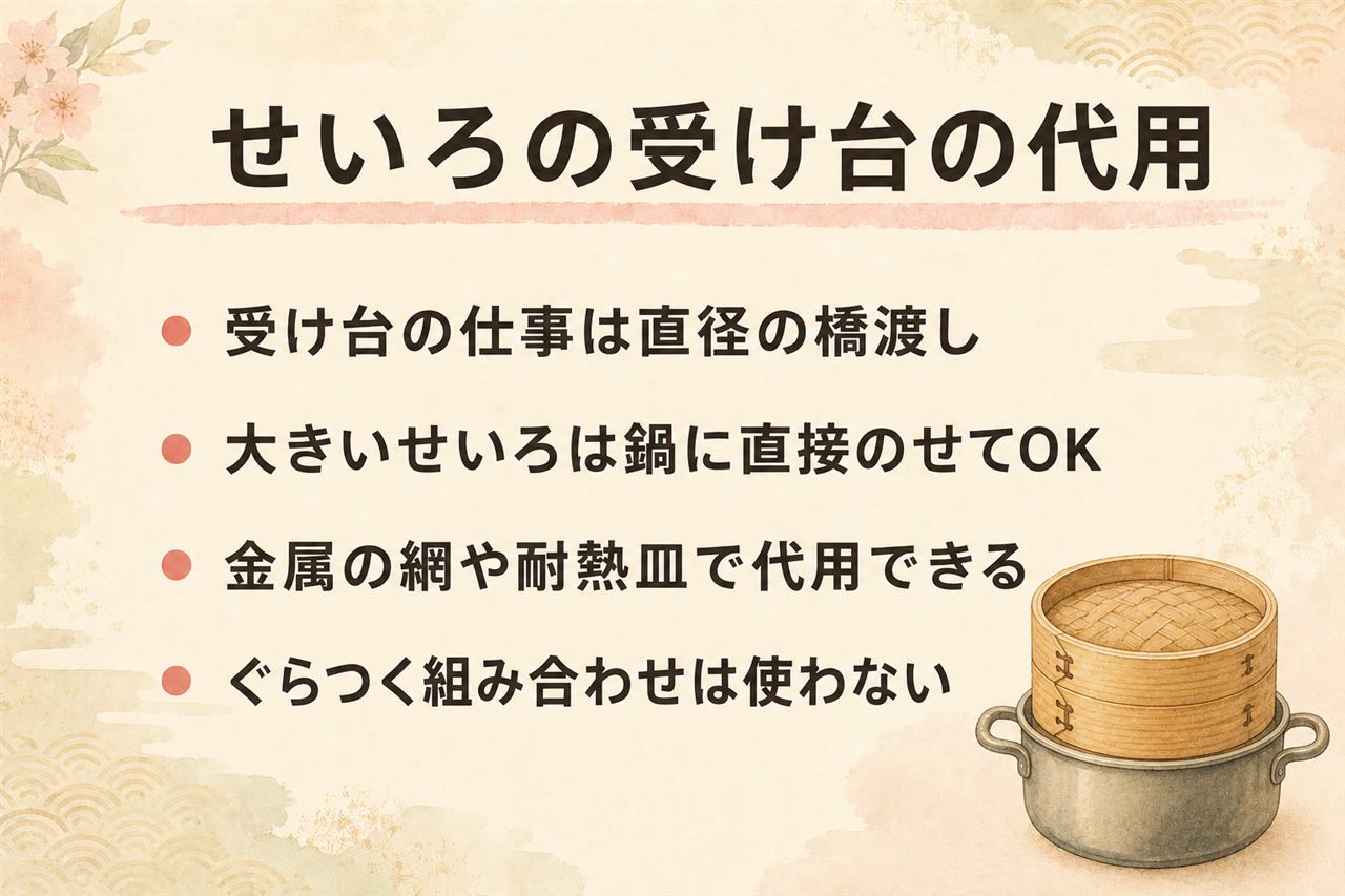 せいろの受け台の代用カード:受け台の仕事は直径の橋渡しと蒸気の通り道、せいろが鍋の口より大きければ直接のせてよい、ケーキクーラーや焼き網は金属製で鍋の口より大きいものを渡す、菜箸とプラスチック製は使用禁止、蒸気やけど注意