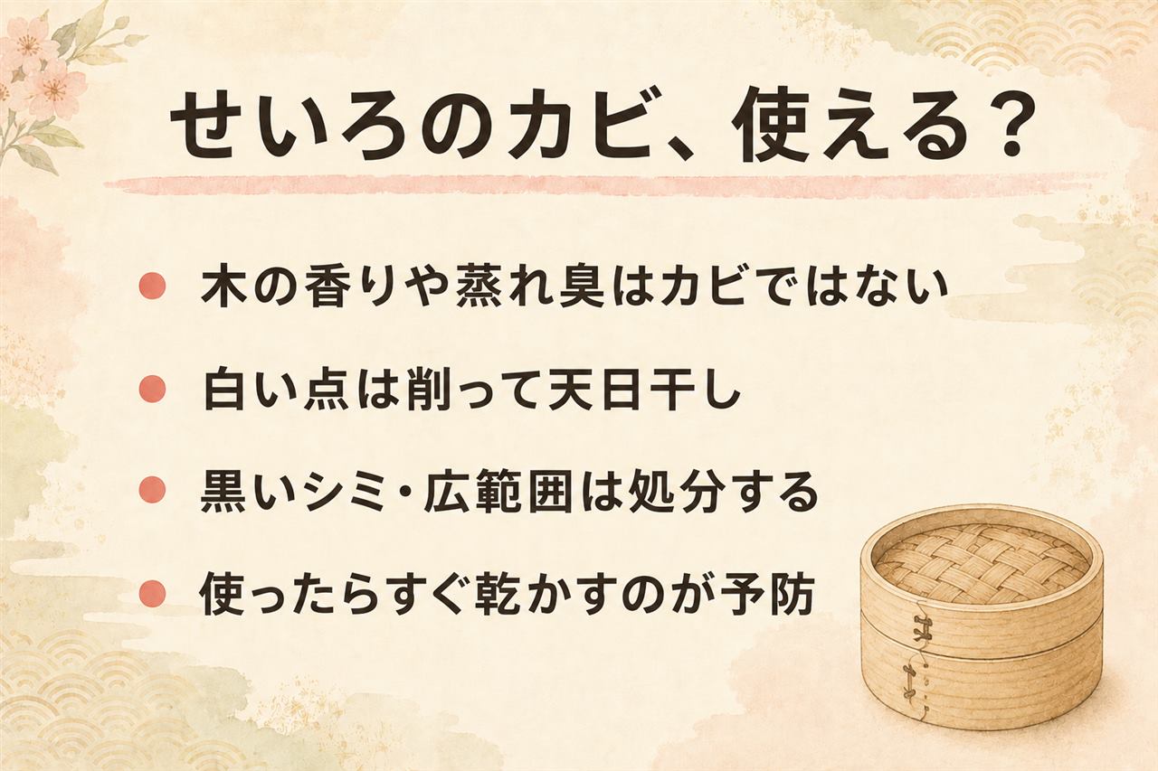 せいろのカビ判定カード:木の香りや蒸れ臭はカビではなく酢水拭きと空蒸しで対処、表面の白い点はタワシで削って天日干し、黒いシミや広範囲のカビは内部に根が残るため処分、予防は使用後すぐ洗って立てかけ陰干し2〜3日