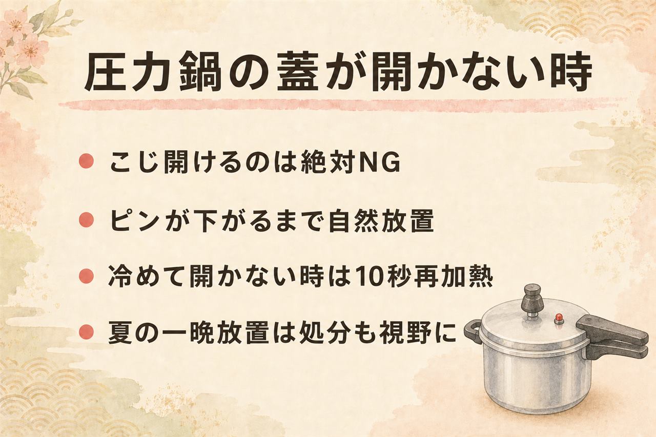 圧力鍋の蓋が開かない時のカード:圧が残ったままこじ開けるのは噴出事故のもとで絶対NG、火を止めてフロートピンが下がるまで自然放置、冷めても開かない時は10秒再加熱で真空を解除、パッキンのねじれと劣化も確認、夏場の常温一晩放置は再加熱しても処分が目安