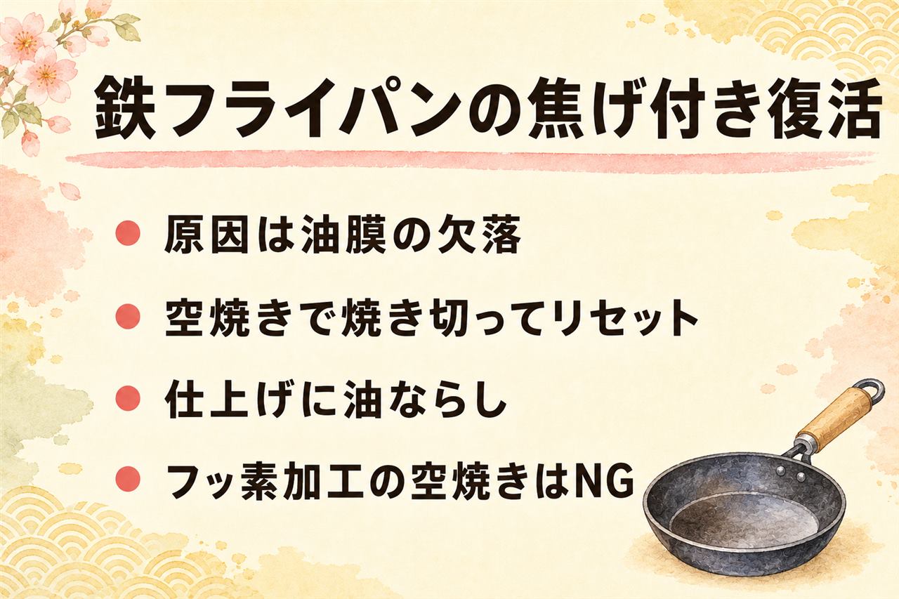 鉄フライパン復活カード:焦げ付きの原因は油膜の欠落、内側は空焼きで焼き切って油ならし、裏側は重曹ペーストのラップ湿布、IHは中火以下で予熱、フッ素加工の空焼きは絶対NG