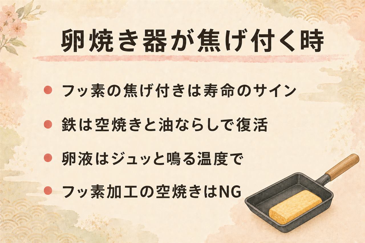 卵焼き器の焦げ付き対処カード:フッ素加工は寿命のサインで空焼き絶対NG、鉄は空焼きと油ならしで復活、銅は中火以下、卵液はジュッと鳴る温度で入れて油は小さじ1〜2