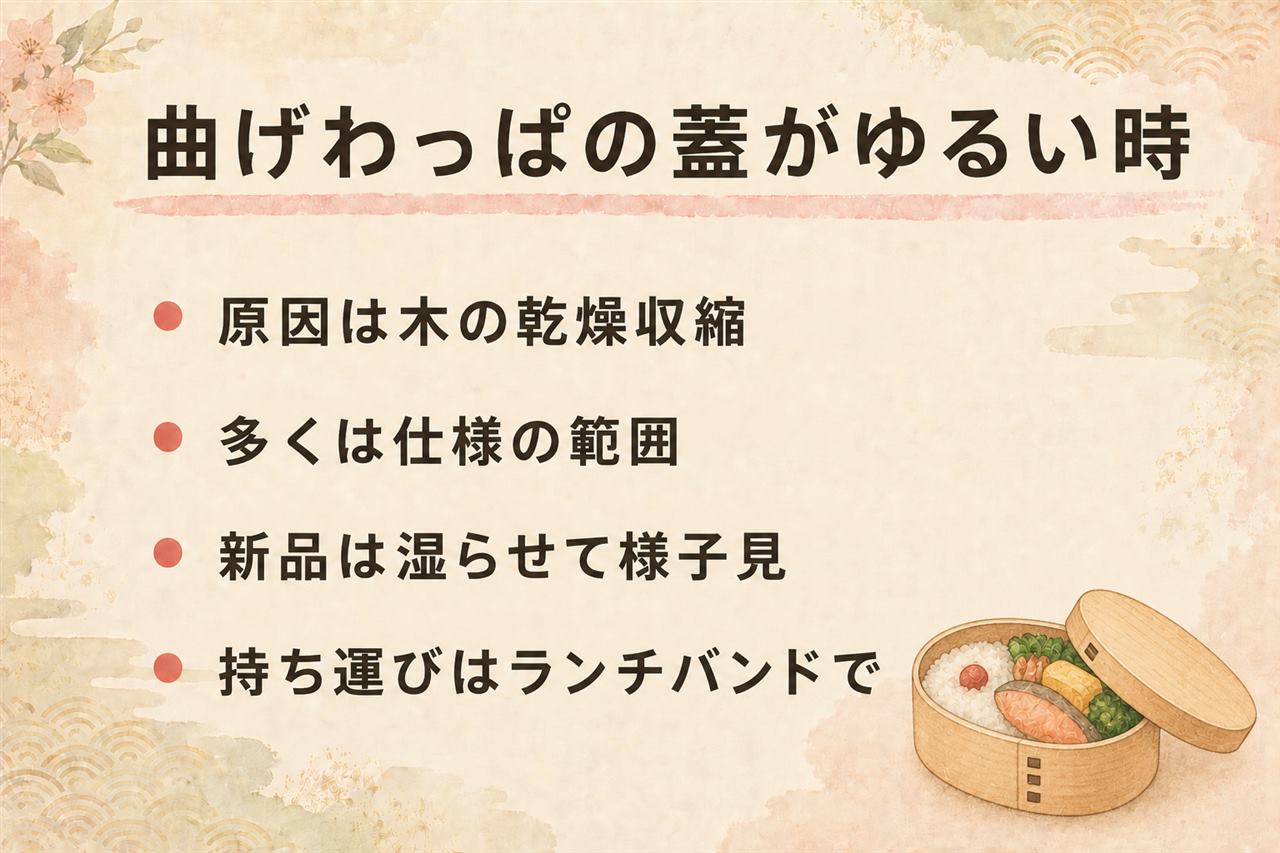 曲げわっぱの蓋がゆるい時のカード:木の乾燥収縮が原因で多くは仕様の範囲、新品は湿らせて様子見、使ううちのゆるみは置き場所の見直し、持ち運びはランチバンドか風呂敷、食洗機と電子レンジは絶対NG