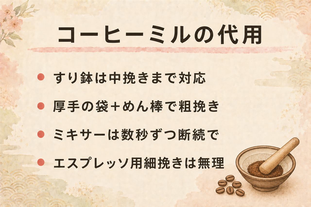 コーヒーミルの代用カード:すり鉢は押しつぶして中挽きまで対応、厚手の袋とめん棒は粗挽き向き、ミキサーは数秒ずつの断続運転で空回しNG、エスプレッソ用細挽きは代用では無理