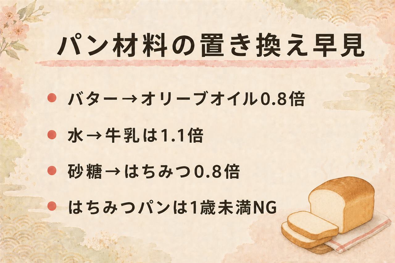 ホームベーカリーの材料置き換えカード:バターはオリーブオイル0.8倍、水は牛乳1.1倍、砂糖ははちみつ0.8倍で水を小さじ1減らす、牛乳は無調整豆乳と同量交換、はちみつパンは1歳未満に加熱しても絶対NG