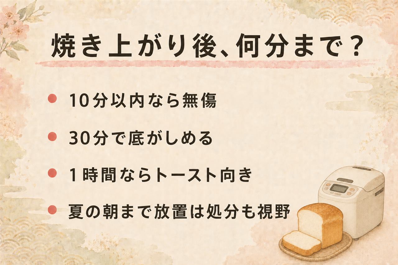ホームベーカリー焼き上がり後の放置早見カード:10分以内なら無傷、30分で底がしめる、1時間でべちゃつきトースト向き、朝まで放置は冬OK夏は処分も視野、酸っぱいにおいや糸引きカビが出たら食べずに処分