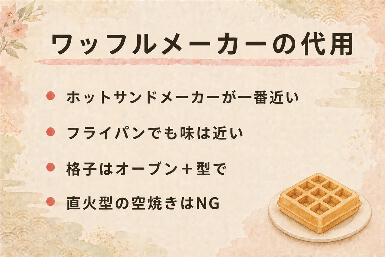 ワッフルメーカー代用の早見カード:ホットサンドメーカーは挟み焼きで一番近い、フライパンは味は近いが形はパンケーキ、オーブンとワッフル型なら格子模様も可、格子の凹凸だけは本物限定、直火型の空焼きNG