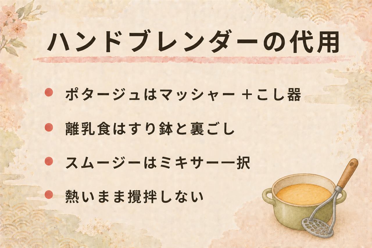 ハンドブレンダー代用の早見カード:ポタージュはマッシャーとこし器の二段構え、離乳食はすり鉢と裏ごし、スムージーはミキサー一択、みじん切りは包丁が最速、熱いスープはミキサーに入れず粗熱を取る
