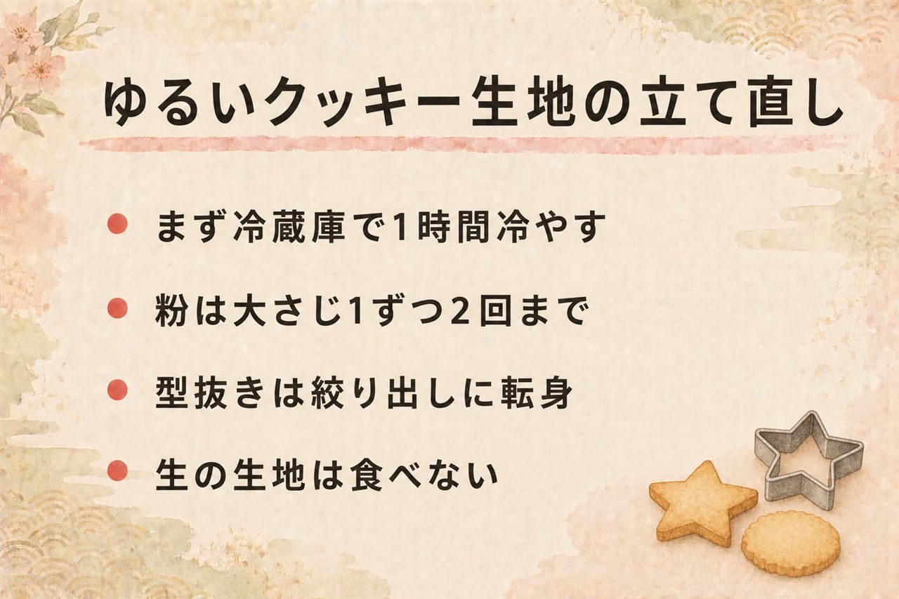 ゆるいクッキー生地の立て直しカード:手順1は平たくして冷蔵庫1時間か急ぎなら冷凍庫15分、手順2は薄力粉大さじ1ずつ2回まで、手順3は絞り出しやアイスボックスに転身、手順4はタルト台やクランブルにリメイク、生地の生食はNG