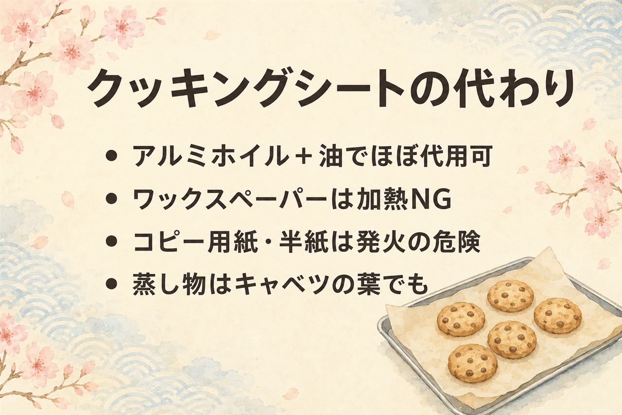 クッキングシートがない時の代用カード:オーブンはアルミホイルに油を塗って代用、蒸し器はキャベツや白菜の葉でOK、レンジは耐熱皿とキッチンペーパー、ワックスペーパーは加熱すべてNG、コピー用紙や半紙は発火の危険で絶対NG、アルミホイルの電子レンジ使用も禁止